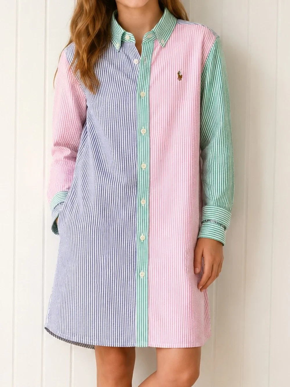 Ralph Lauren Striped Colorblock Shirt Dress — Pink, Blue & Green Size 12
